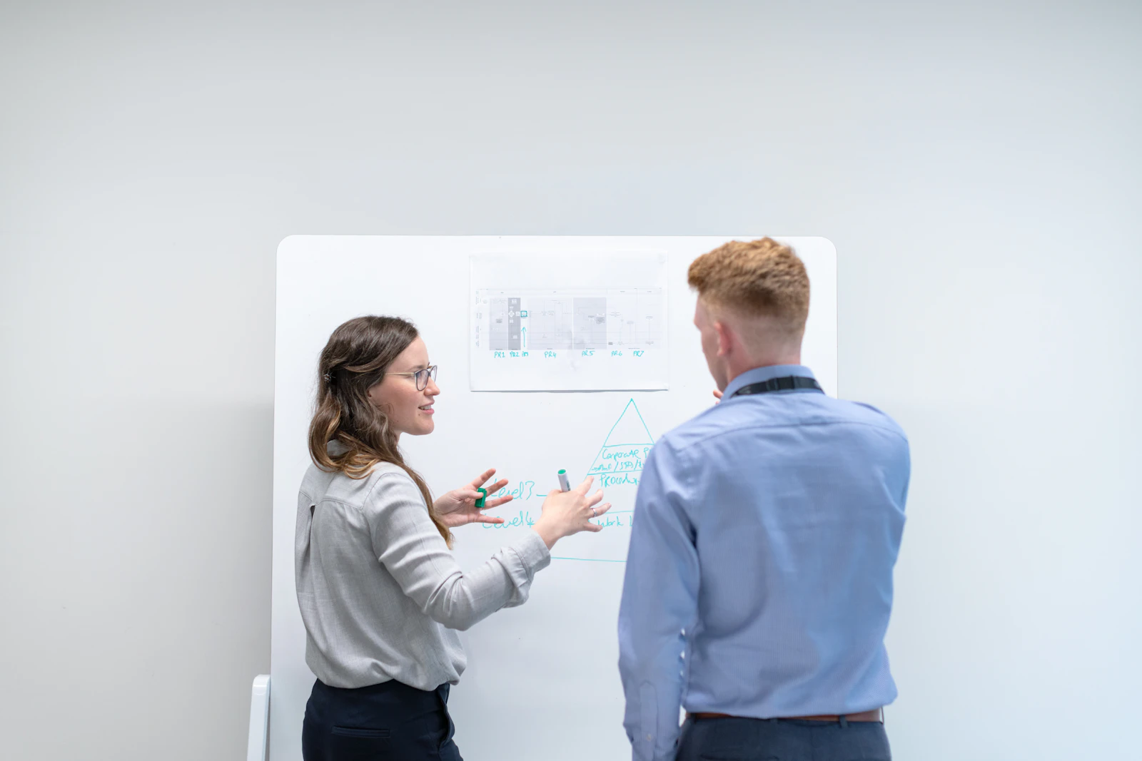 Two professionals discussing a printed diagram and handwritten notes at a whiteboard